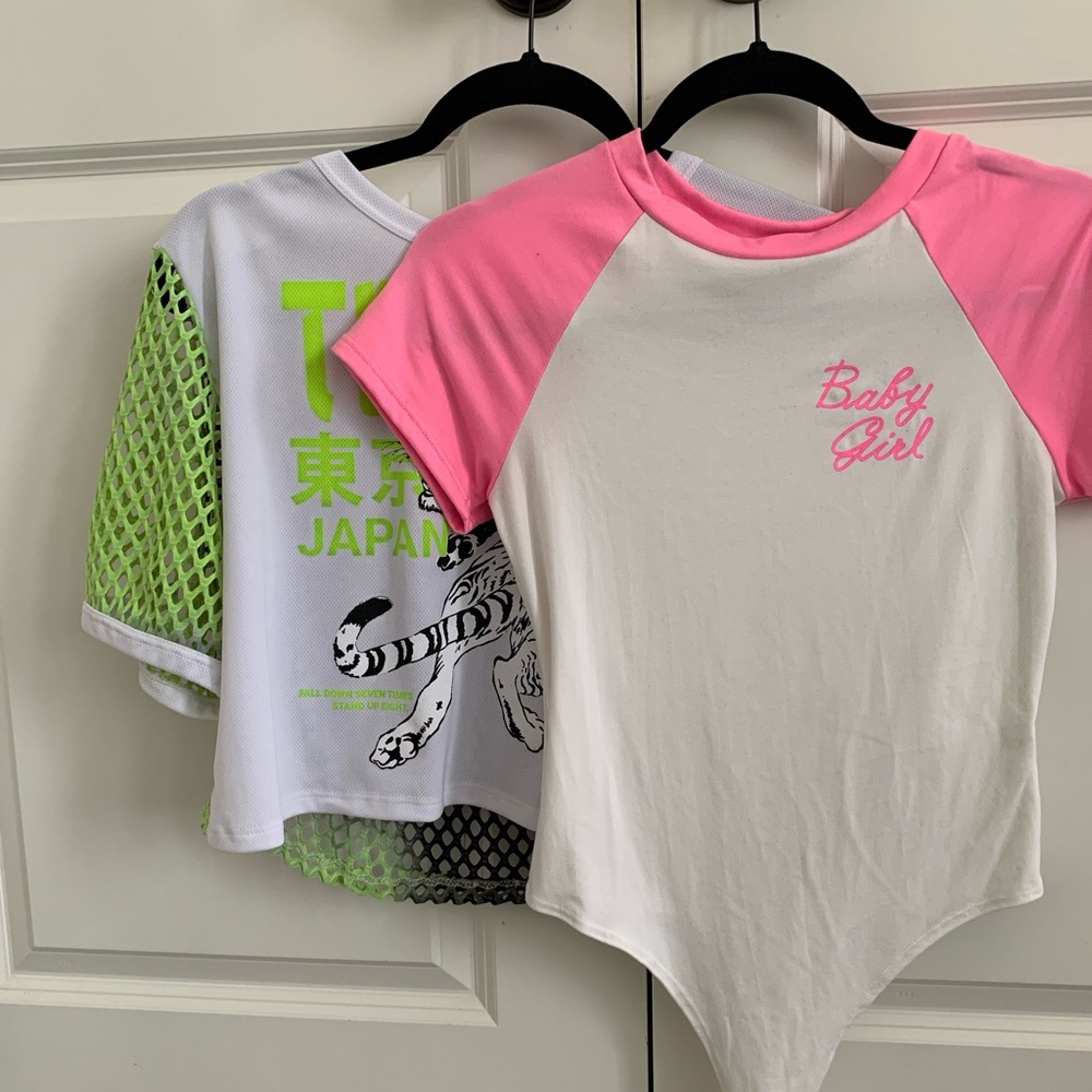 SET OF 2 NEON TEES ( body suit and mesh crop top)